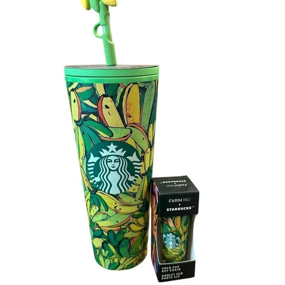Starbucks Farm Rio Banana Leaf Tumbler and matching cold cup keychain